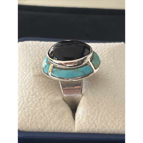Signed Ted Ott Vintage Sterling 925 Onyx & Turquoise Inlay Navajo Ring Size 6.5 - Picture 8 of 13